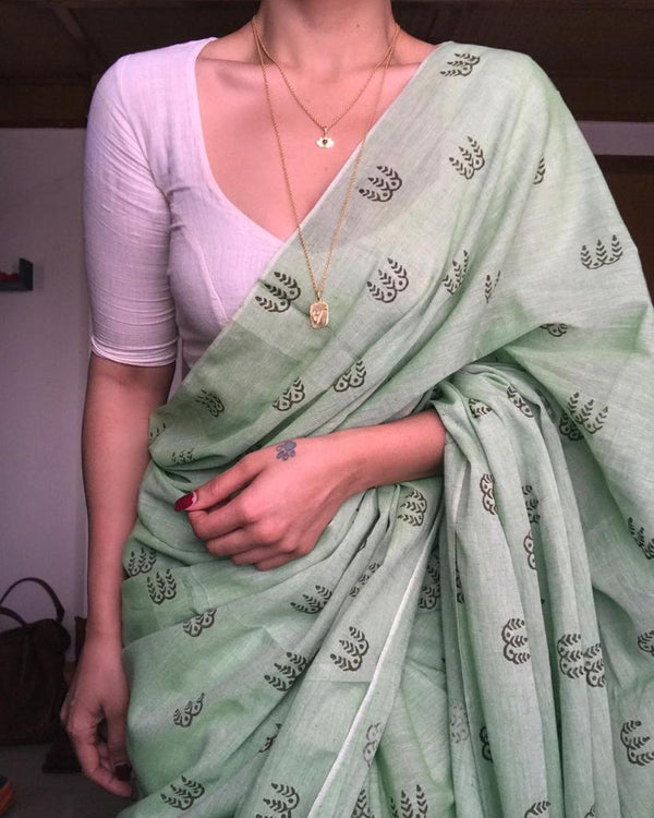 Refreshing Sage Colored Printed Saree