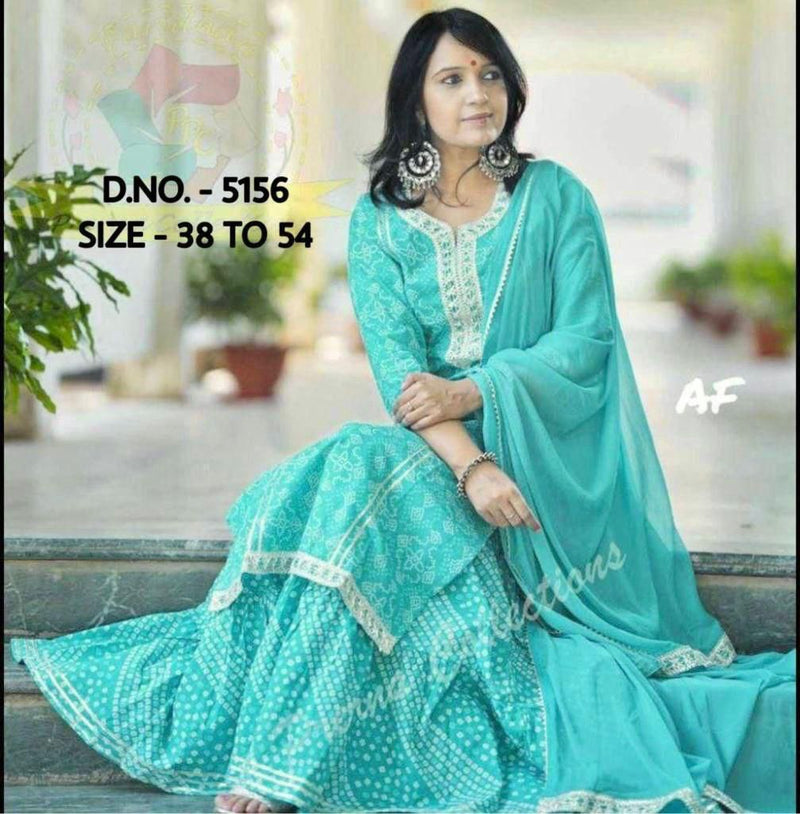 Stylish Pure Cotton Bhandhej Printed With Gotta Work Kurti With Sharara Gharara And Dupatta Set