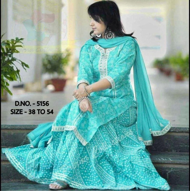 Stylish Pure Cotton Bhandhej Printed With Gotta Work Kurti With Sharara Gharara And Dupatta Set