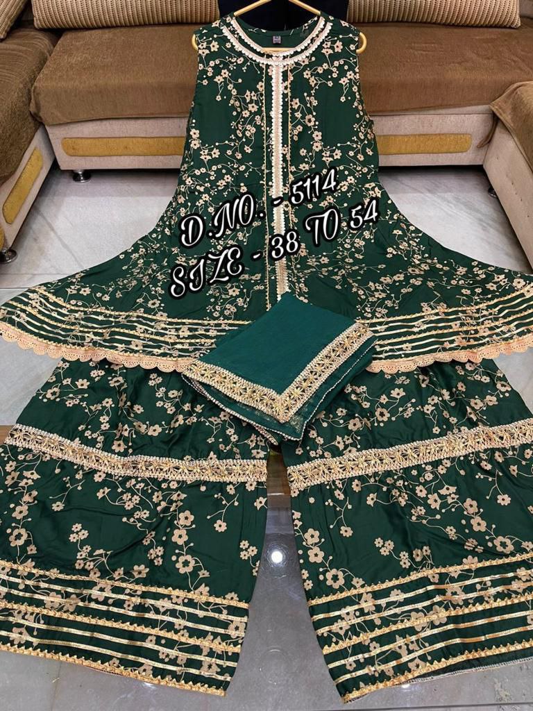 Indian Women Beautiful Green Kurta Sharara Dupatta Set