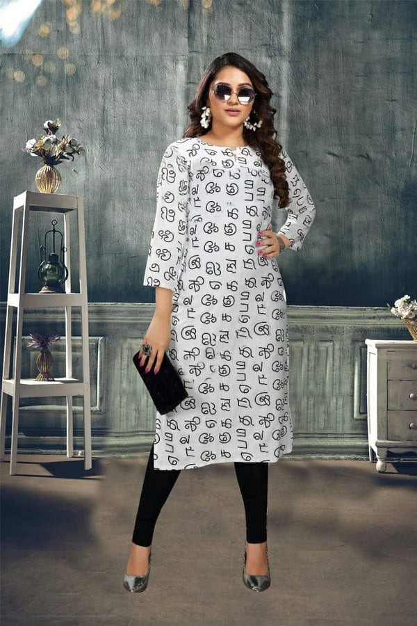 Demanding White Colored Tamil Alphabetical Kurti