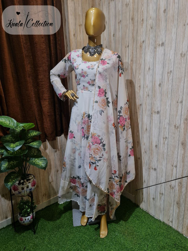 GEORGETTE FLORAL PRINT GOWN WITH PEARL LACE BORDER