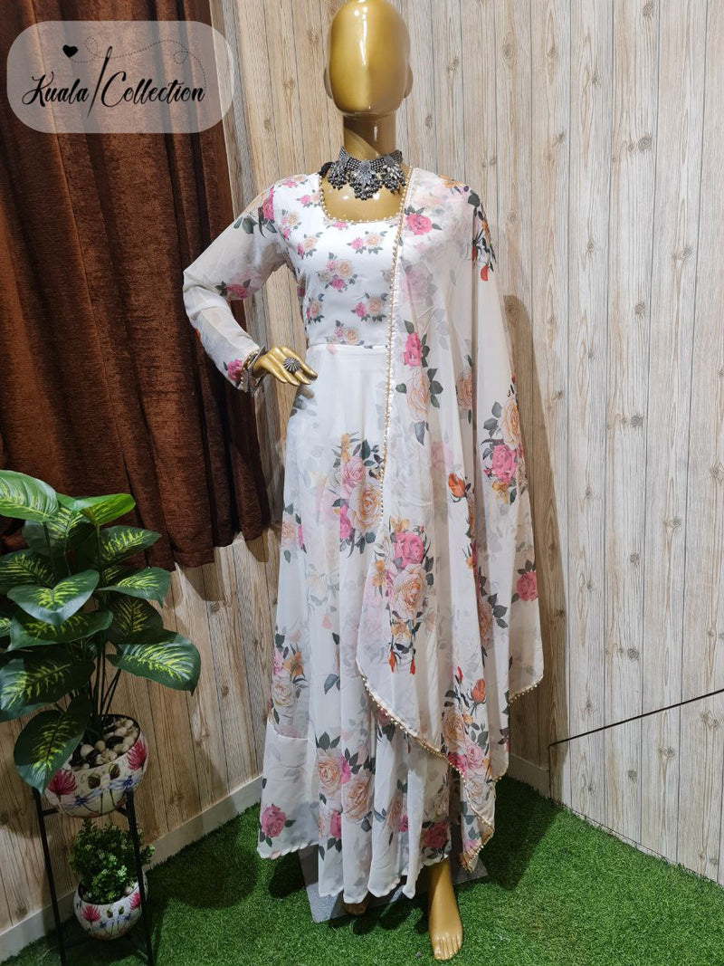 GEORGETTE FLORAL PRINT GOWN WITH PEARL LACE BORDER