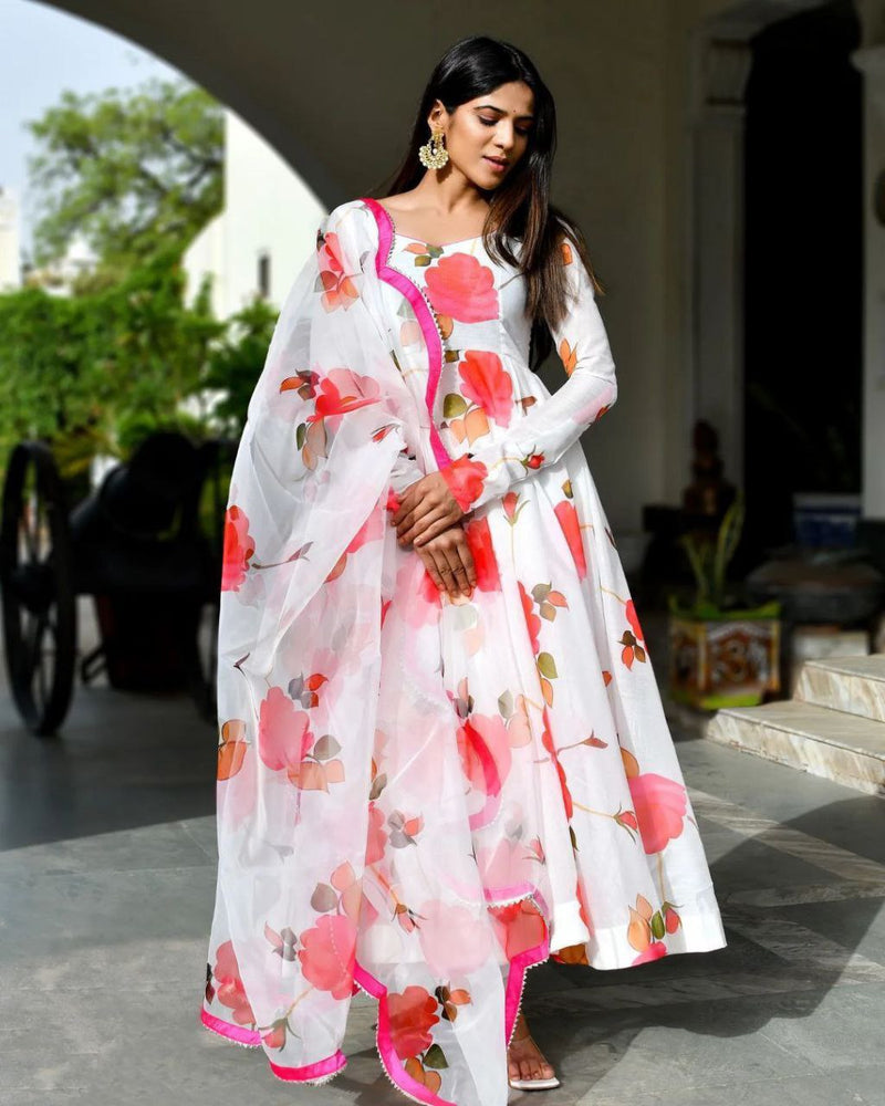 Delightful Georgette Floral Gown and Four Sided Fancy Lace Border