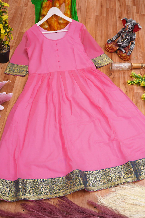 Charming Pink Colored Jacquard Border Georgette Anarkali Gown By Kuala Collection