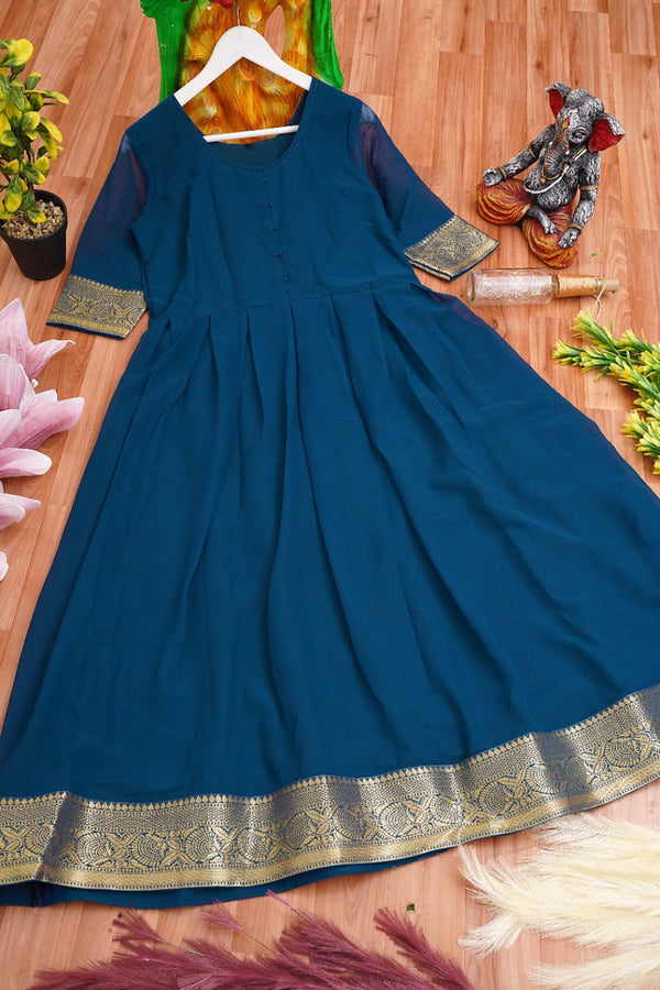 Mesmeric Blue Colored Jacquard Border Georgette Anarkali Gown By Kuala Collection