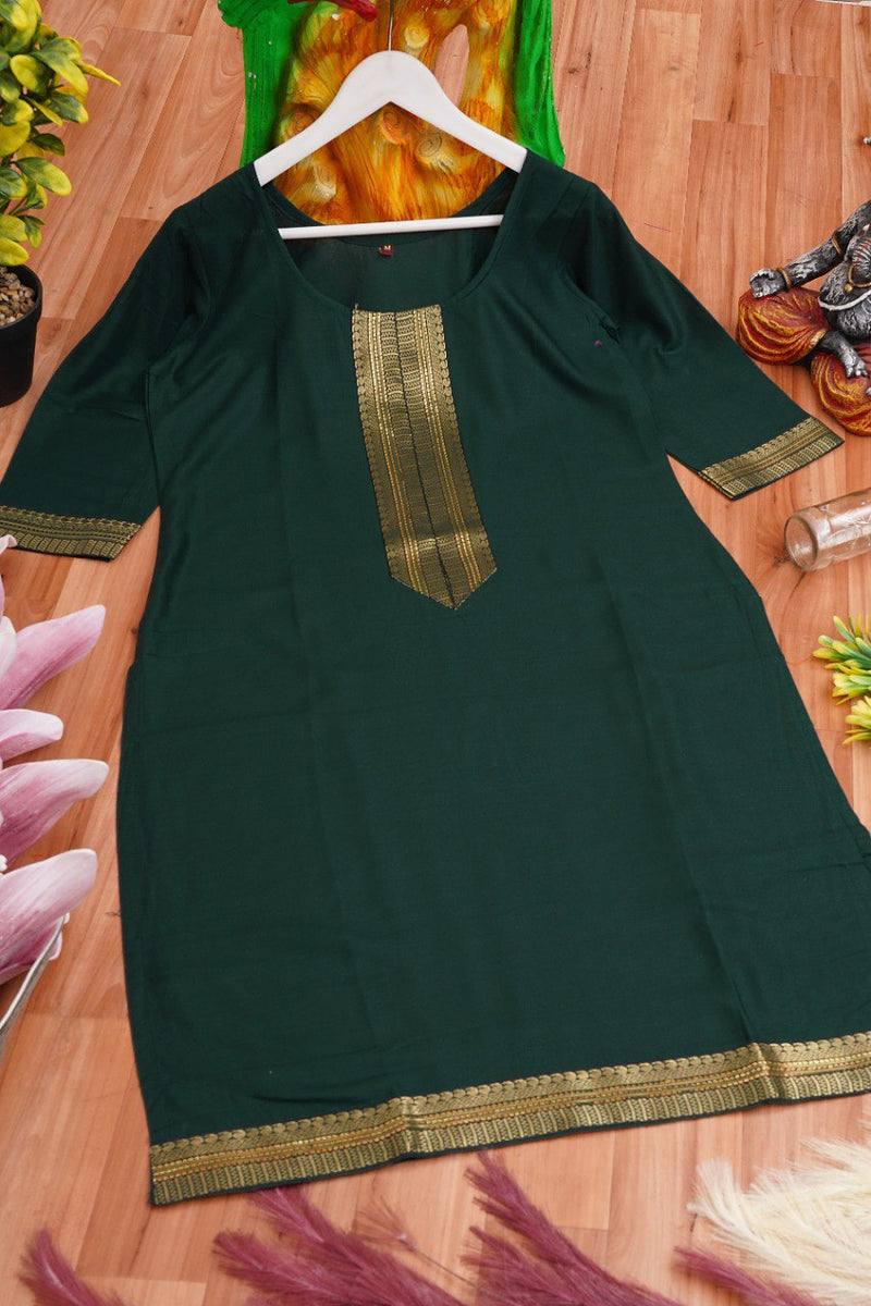 Sizzling Turquoise  Coloured Straight Cut Kurti With Jacquard Sequence Lace border