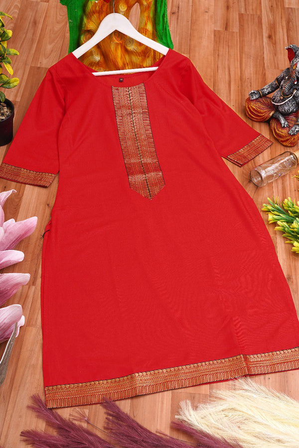 Lovely Red Colored Straight Cut Kurti With Jacquard Sequence Lace border