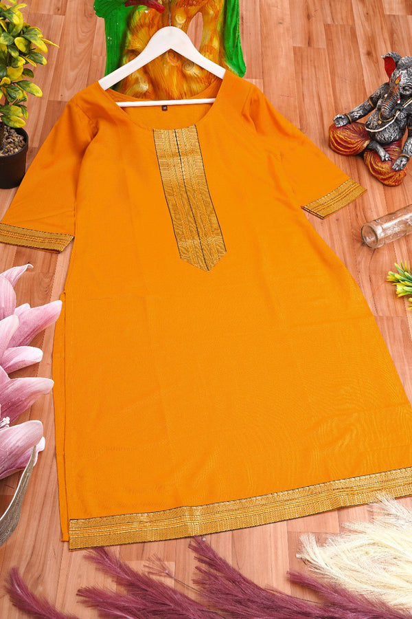 Mustard Yellow Coloured Straight Cut Kurti With Jacquard Sequence Lace border