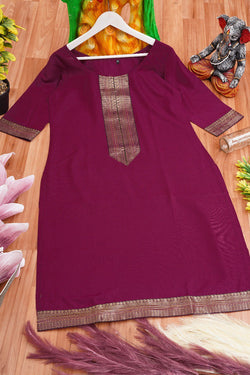 Trendy Wine Coloured Straight Cut Kurti With Jacquard Sequence Lace border