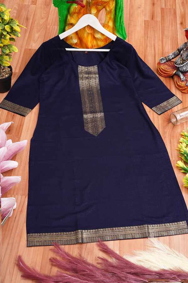 Mesmerizing Navy Blue Coloured Straight Cut Kurti With Jacquard Sequence Lace border