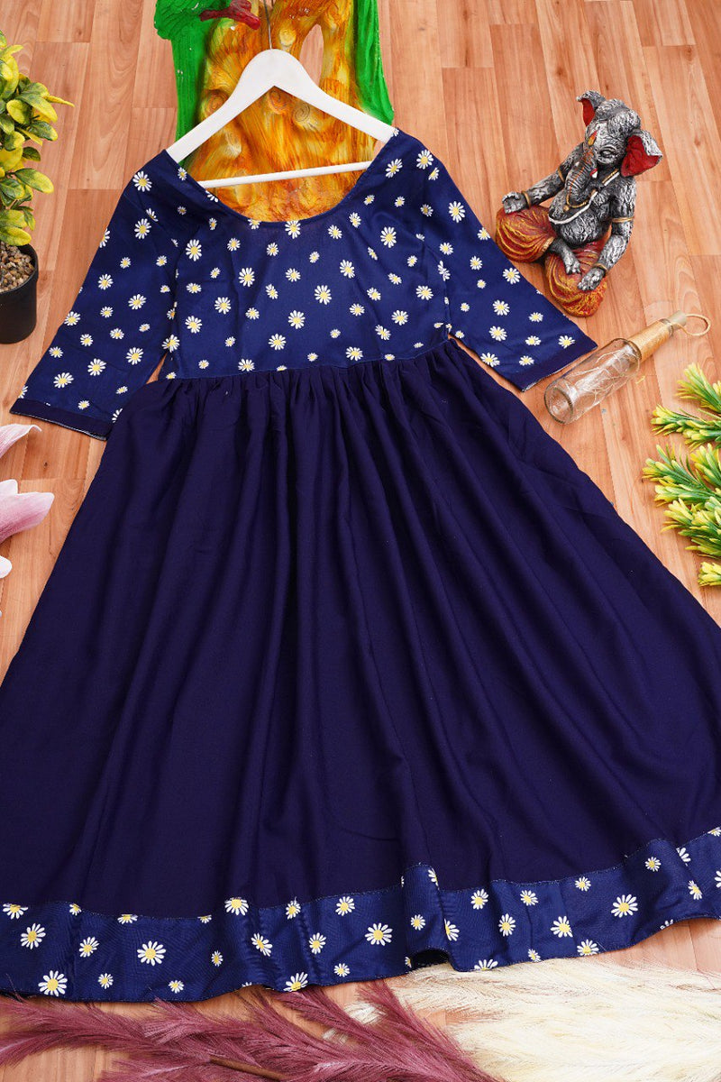 Charming Navy Blue Colored Sunflower Print Anarkali Gown