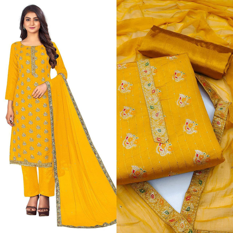 Elegant Yellow Color NYLON DOLA Straight Cut Chudidhar