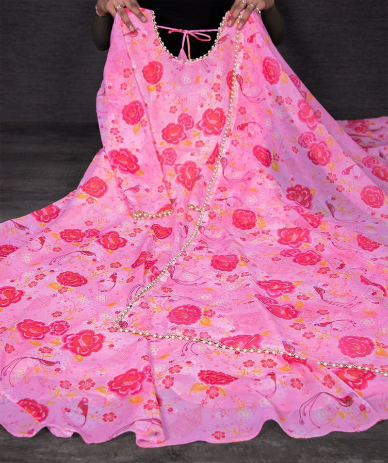 GEORGETTE FLORAL PRINT GOWN WITH PEARL LACE BORDER