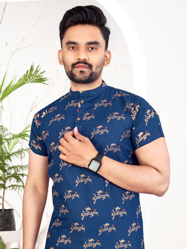 Trendy Blue Slub cotton foil printed shirt