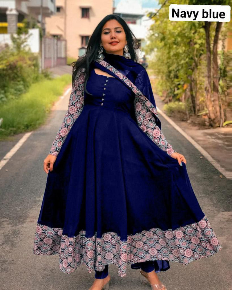 Delightful Navy Blue Faux Georgette Gown