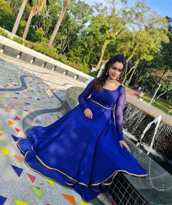 Blooming Royal Blue Georgette Gown With Attractive Double Flair Pattern Long Anarkali