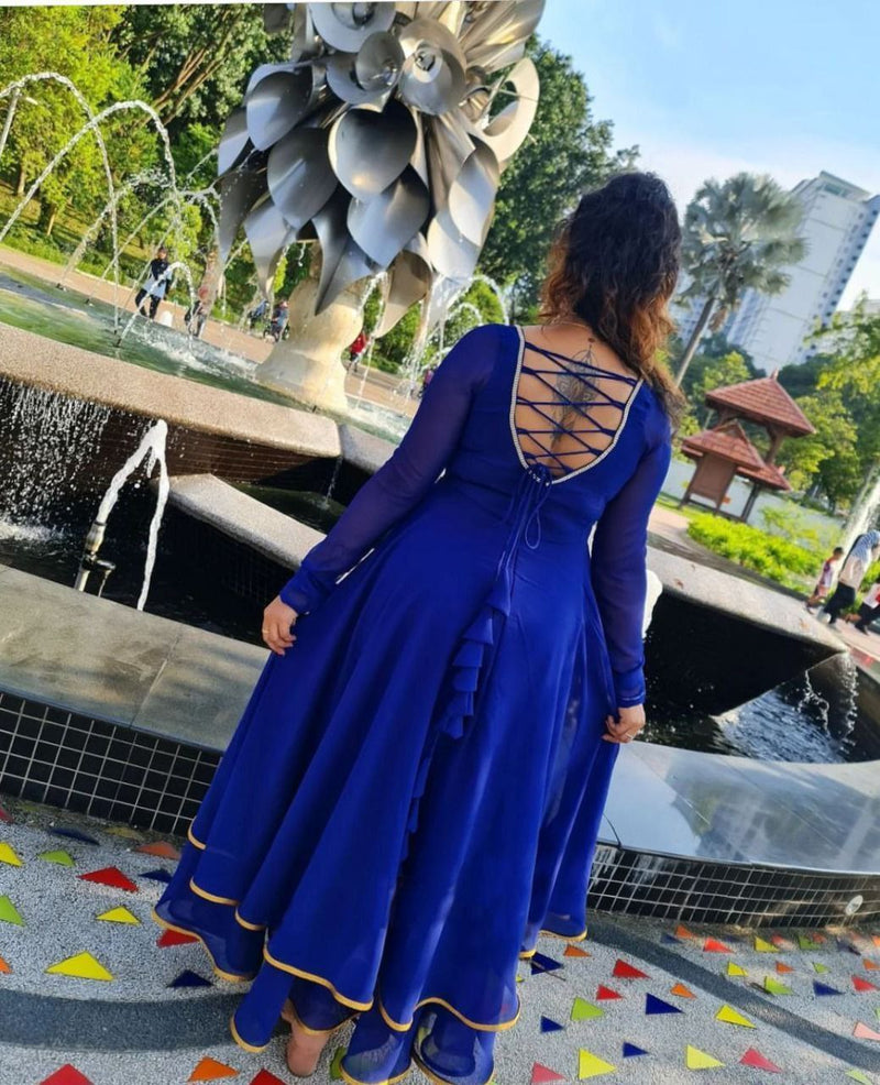 Blooming Royal Blue Georgette Gown With Attractive Double Flair Pattern Long Anarkali