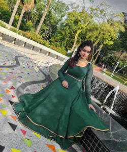 Refreshing Green Georgette Gown With Attractive Double Flair Pattern Long Anarkali