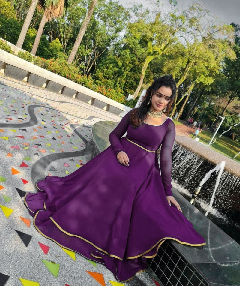 Stunning Purple Georgette Gown With Attractive Double Flair Pattern Long Anarkali