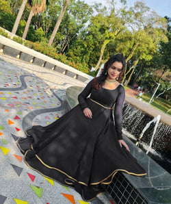 Eye catching Black Georgette Gown With Attractive Double Flair Pattern Long Anarkali