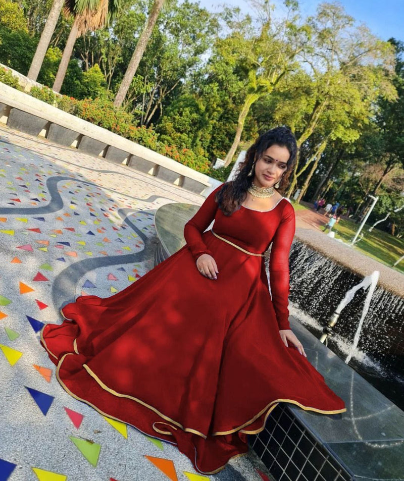 Enchanting Red Georgette Gown With Attractive Double Flair Pattern Long Anarkali