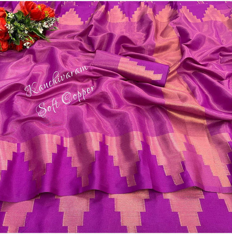 Mesmerizing Soft Kanchivaram Silk Saree With Pure Copper Zari Border