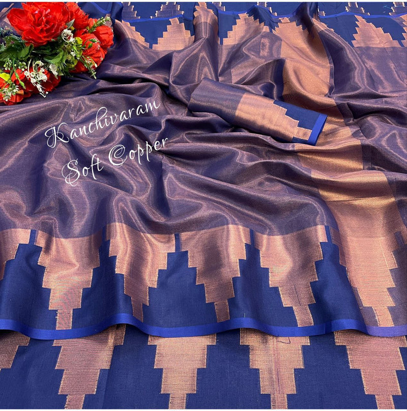 Mesmerizing Soft Kanchivaram Silk Saree With Pure Copper Zari Border