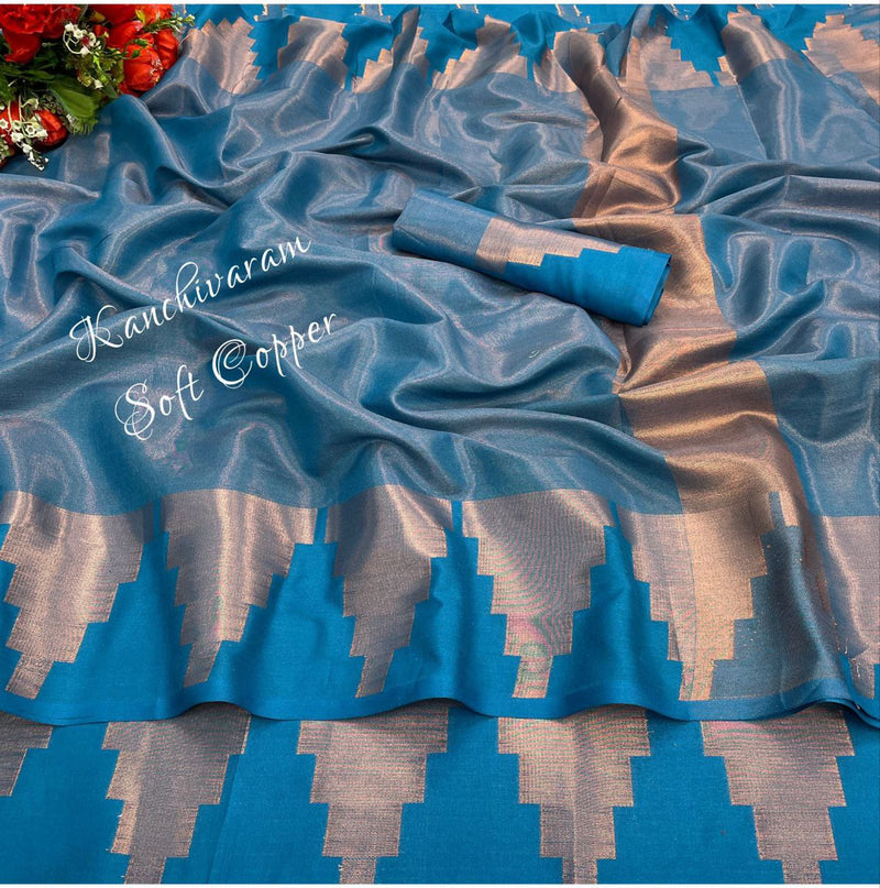 Mesmerizing Soft Kanchivaram Silk Saree With Pure Copper Zari Border