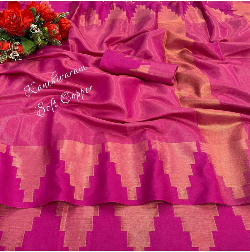 Mesmerizing Soft Kanchivaram Silk Saree With Pure Copper Zari Border