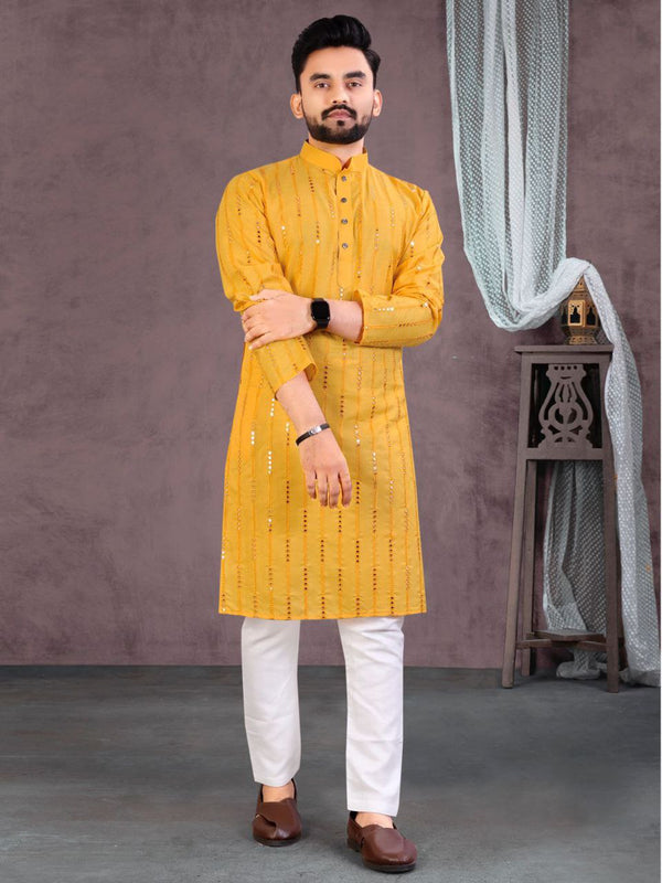 Festive Yellow Soft Cotton Kurta Pyjama