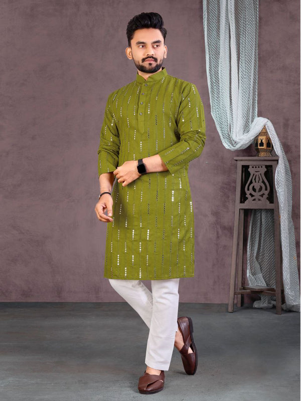 Refreshing Mehandi Green Soft Cotton Kurta Pyjama