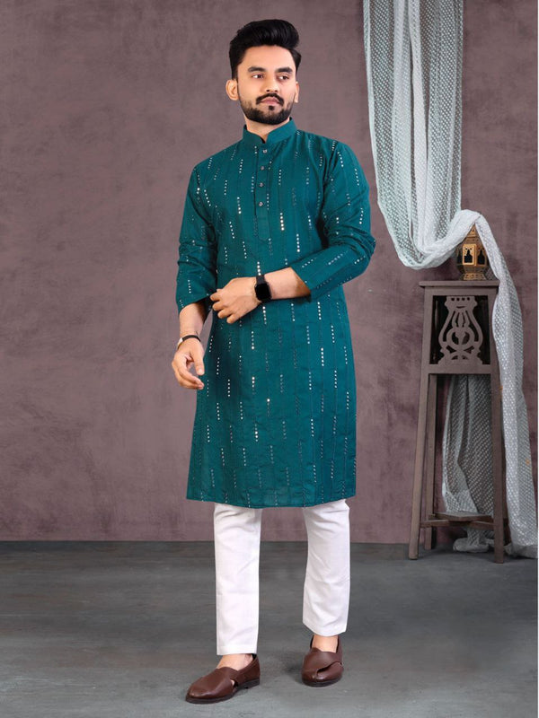 Eye-catching Dark  Aqua Blue Soft Cotton Kurta Pyjama