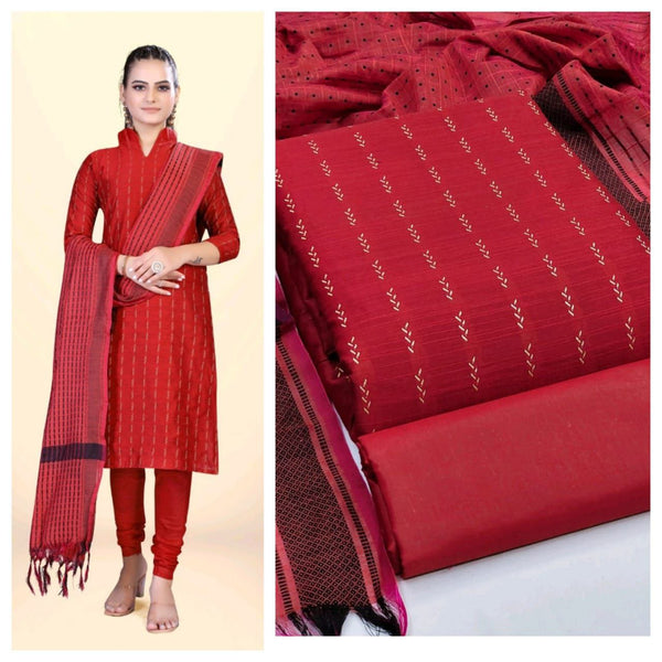 Enchanting Red Cotton Jacquard Straight Cut Chudidhar