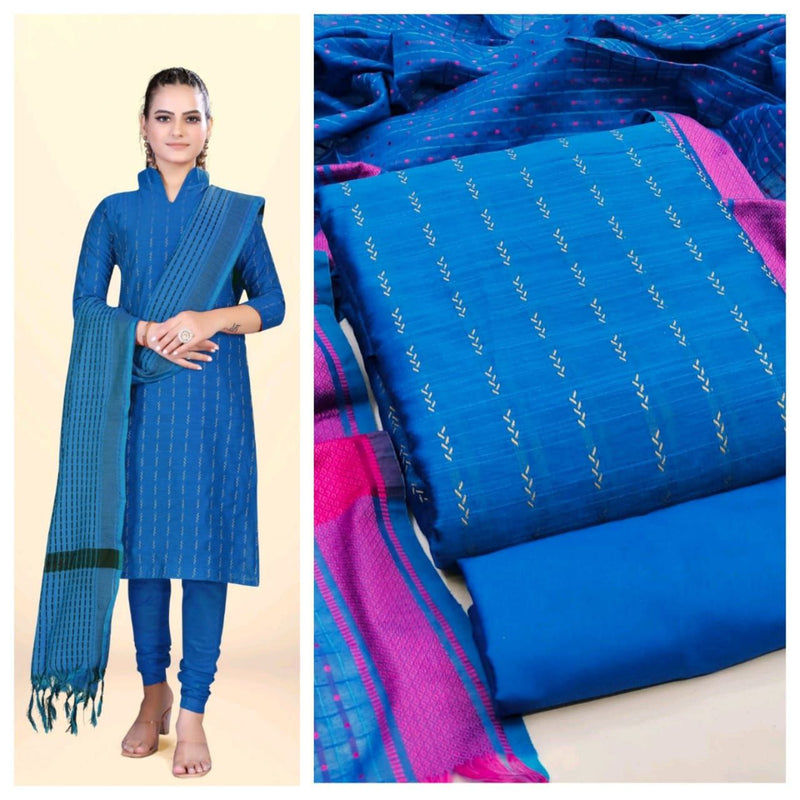 Wonderful Blue Cotton Jacquard Straight Cut Chudidhar