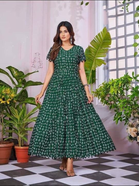 Tamil Alphabet anarkali Gown Digital Print work with pom pom lace