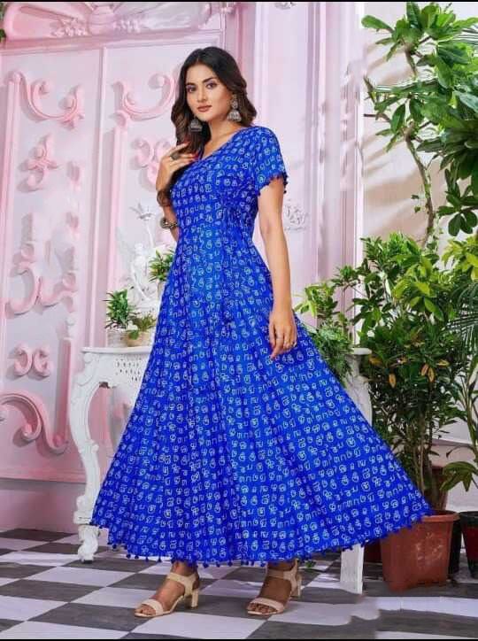 Tamil Alphabet anarkali Gown Digital Print work with pom pom lace