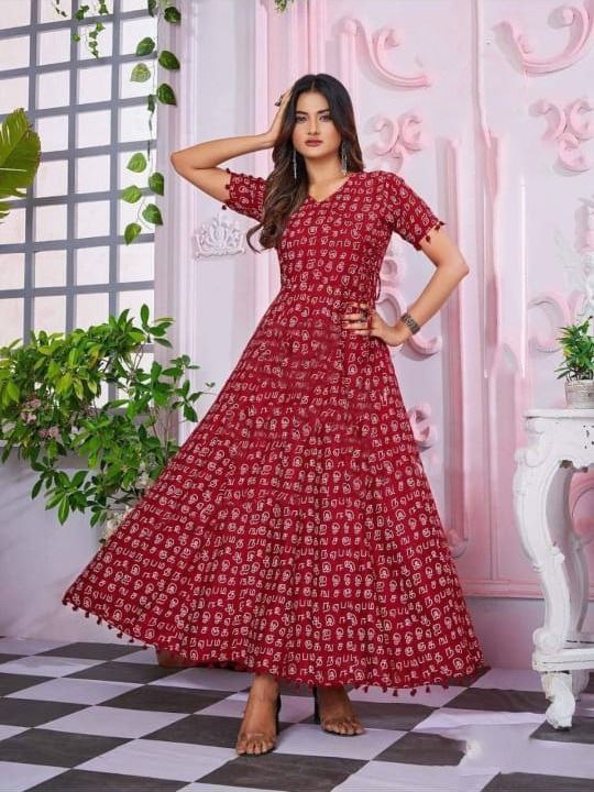 Tamil Alphabet anarkali Gown Digital Print work with pom pom lace