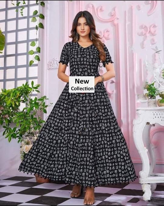 Tamil Alphabet anarkali Gown Digital Print work with pom pom lace